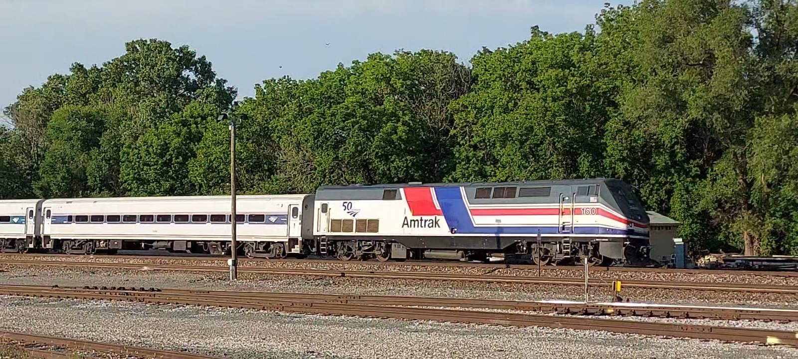 A train is on the tracks near some trees.